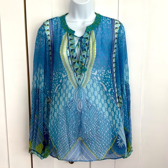 Hale Bob Tops - HALE BOB 100% Silk Aqua Blue Sheer Blouse Medium